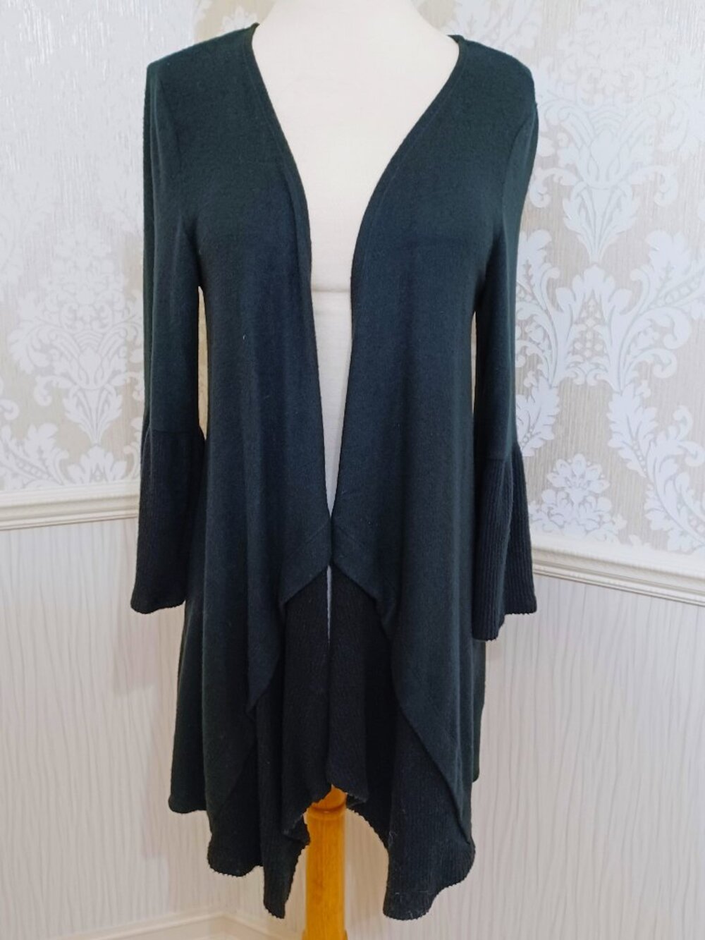 ALYX Women's Black Open Front Cardigan Small Bell Sleeve Waterfall Sweater